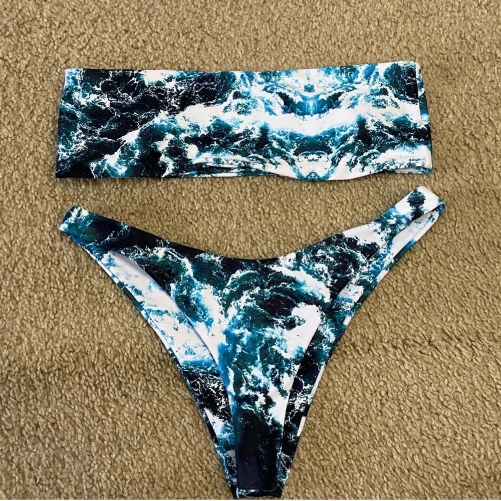 Zaful Bandeau Bikini Set Sea Print Padded Two Piece Size 8
